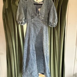 Washed Light Blue Denim Midi Dress with Puff Sleeves